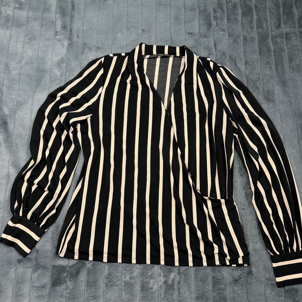 Adrianna Papell Black Cream Striped Wrap Blouse Long Sleeve V-Neck Top